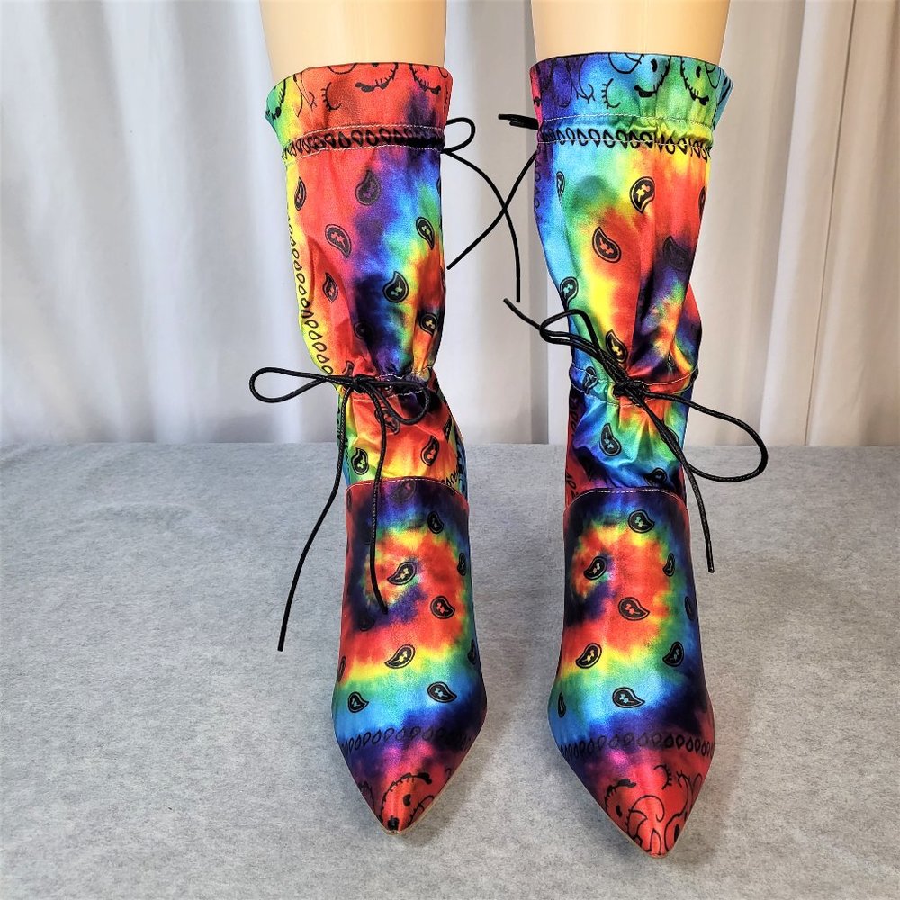 * Mata Bold Tie Dye Drawstring 4" Stiletto High Heel Mid Calf Boots - Picture 6 of 11